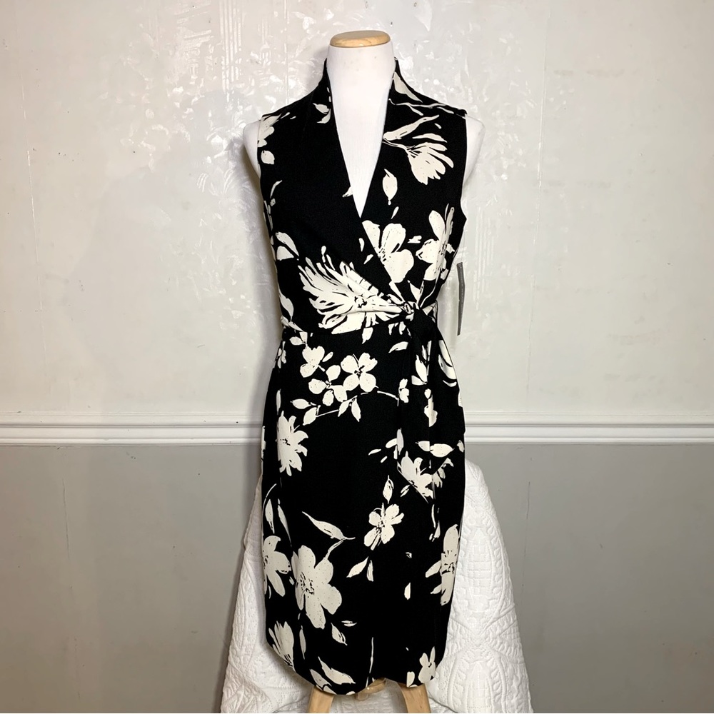 Jones Ware Dress Bay Breeze BLK/IVRY Floral Print Size 6 Sleeveless NWT